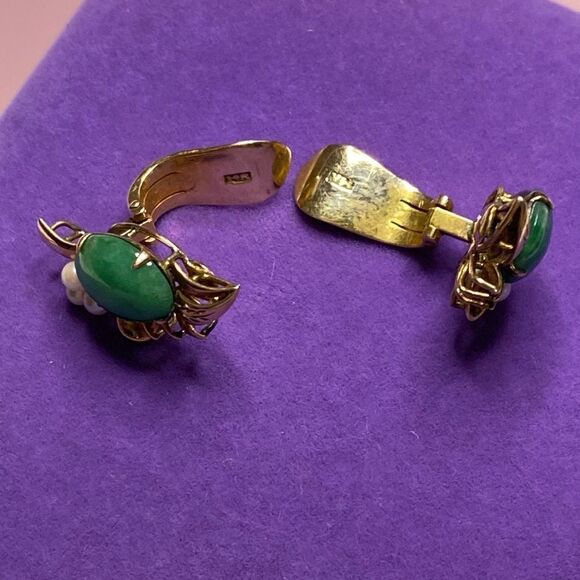💛 Vintage 14k Yellow Gold 10.43ct Jade & White Pearl Clip On Earrings - Picture 4 of 7